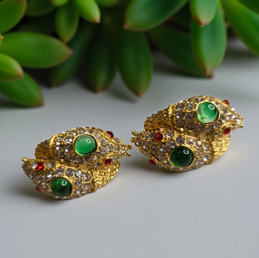 18k Gold Plated Luxury Duo Snake Serpent Crystal Ruby Emerald Cabochon Earrings